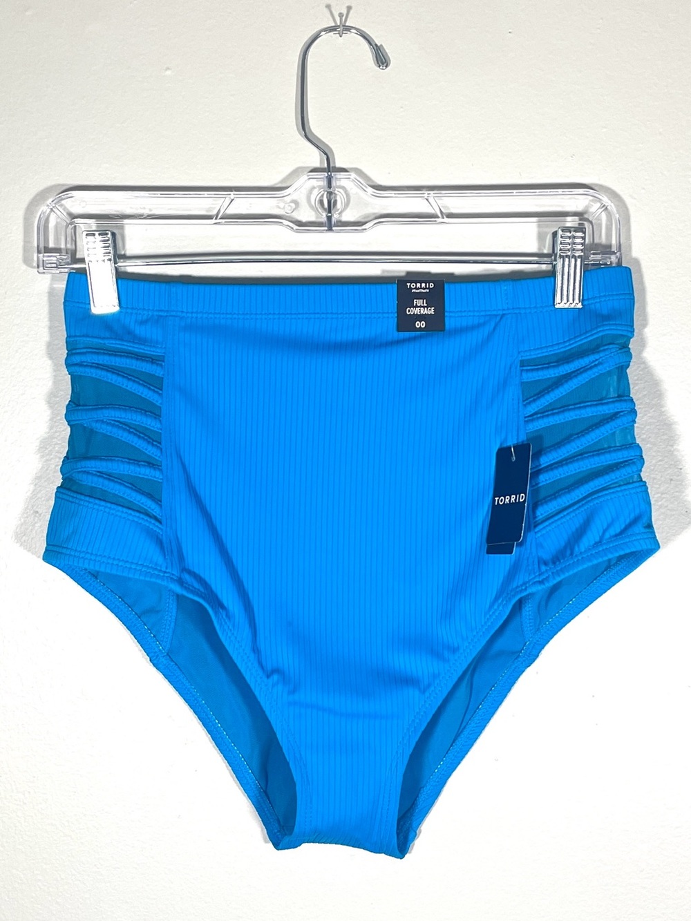 Torrid Blue Sea Ribbed Crossed-Side High-Waist Swim Bottoms Size 00 NWT